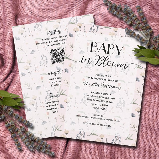 Wildflower Baby in Bloom Girl All in One Shower  Invitation (Wildflower baby in bloom girl all in one baby shower invitations, PRINTED and/or DOWNLOAD)