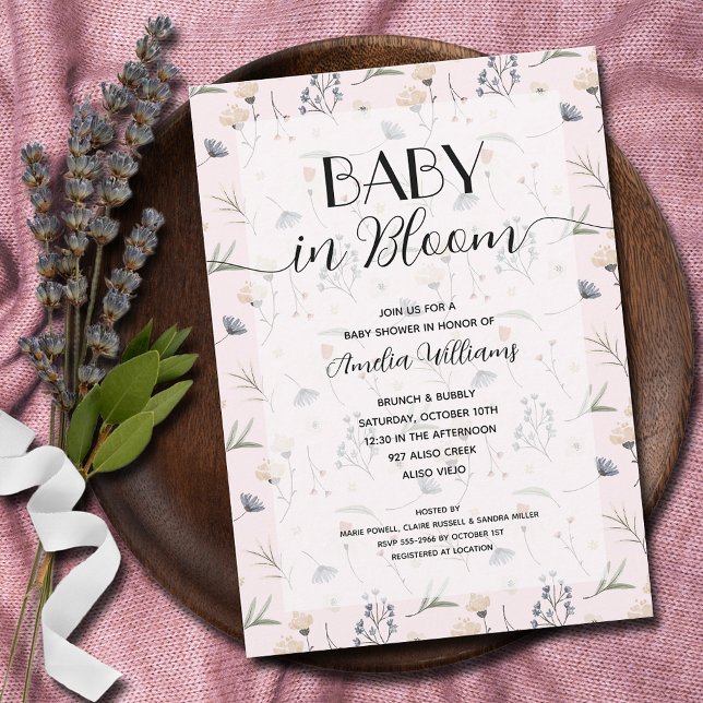 Wildflower Baby in Bloom Pink Girl Shower Invitation (Baby in Bloom wildflowers on pink girl baby shower invitations - INSTANT DOWNLOAD and/or PRINTED)