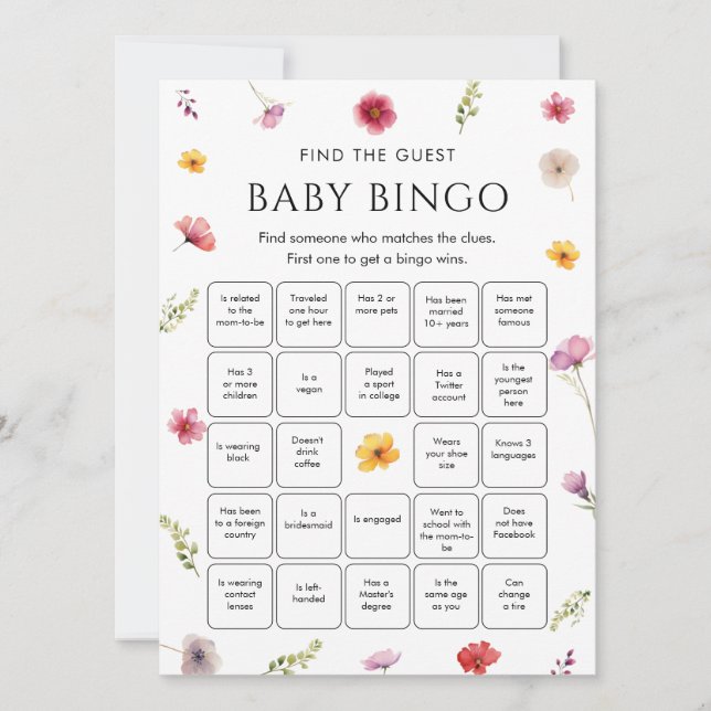 Wildflower Baby Shower Find the Guest Bingo Game  Invitation (Front)