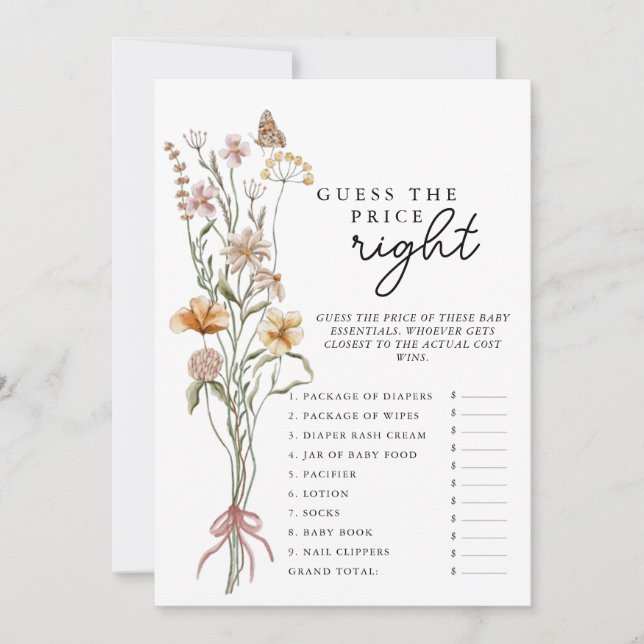 Wildflower Baby Shower Game Guess The Price Card (Front)