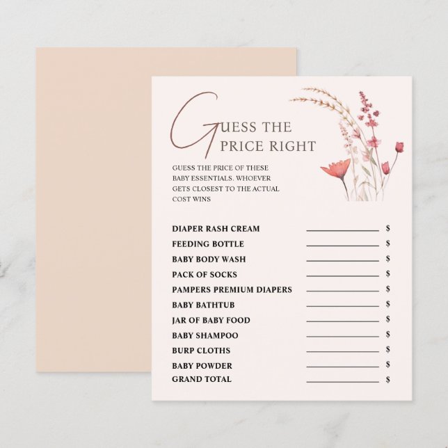 Wildflower Baby Shower Guess The Price Right Game (Front/Back)