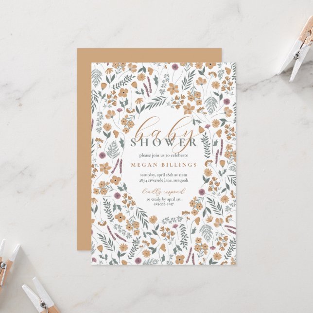 wildflower baby shower invitation - light orange (Front/Back In Situ)