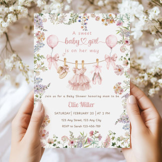 Wildflower Baby Shower Invitation, Pink Bow Floral Invitation