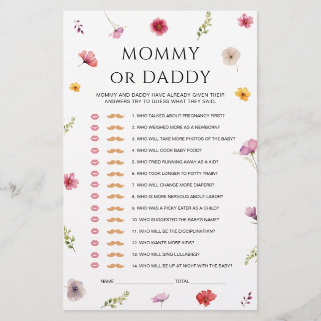 Wildflower Baby Shower Mummy or Daddy Game (Front)