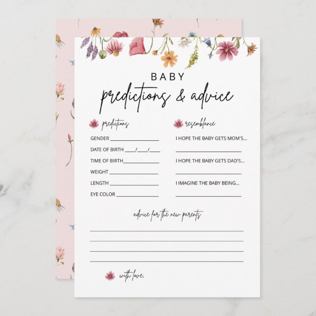 Wildflower Baby Shower Prediction and Advice Cards (Front/Back)
