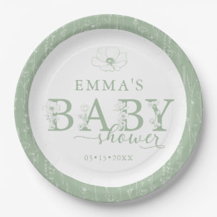 Wildflower Baby Shower Sage Green Floral Plate