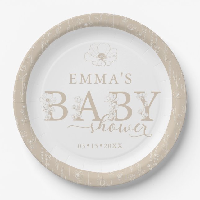 Wildflower Baby Shower | Taupe Floral Plate (Front)