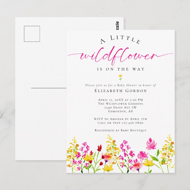 Wildflower Baby Shower Watercolor Floral Pink Cute Postcard (Front/Back)