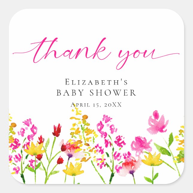 Wildflower Baby Shower Watercolor Pink Thank you Square Sticker (Front)