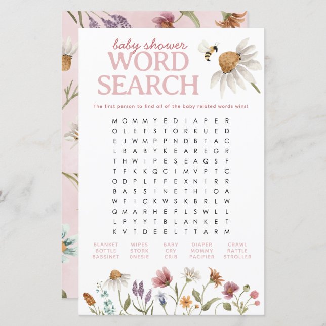 Wildflower Baby Shower Word Search Game Sheet (Front/Back)