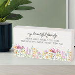 Wildflower Beautiful Family with Names Wooden Box Sign<br><div class="desc">Pretty wildflower wooden box sign personalised with your custom text, such as "my beautiful family" and the first names of your kids, in-laws and/or grandchildren. The design features watercolor delicate wild flowers in pink orange and yellow. It is lettered with casual modern script and whimsical typography. Feel free to change...</div>