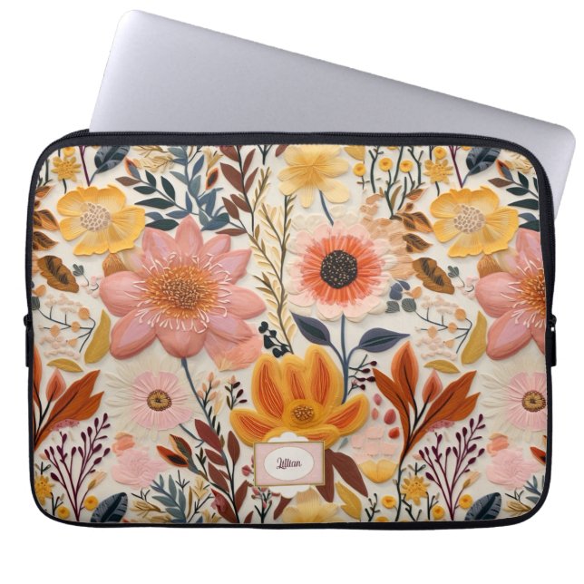 Wildflower Beautiful Orange and Pink Monogram Laptop Sleeve (Front)