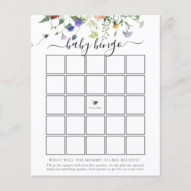 Wildflower Bee Baby Bingo Game Card (Front)