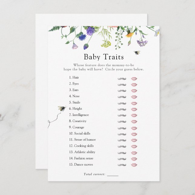 Wildflower Bee Baby Traits Shower Game Card (Front/Back)