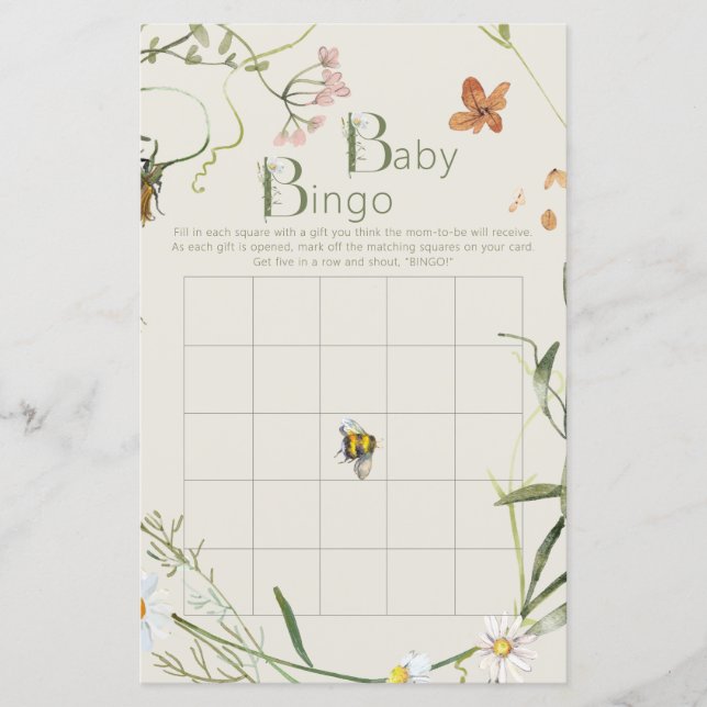 Wildflower Bee Beige Baby Shower Bingo Game Card (Front)