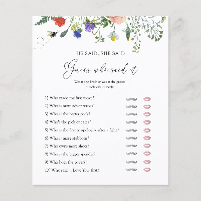 Wildflower Bee Bridal Shower Game He Said She Said (Front)