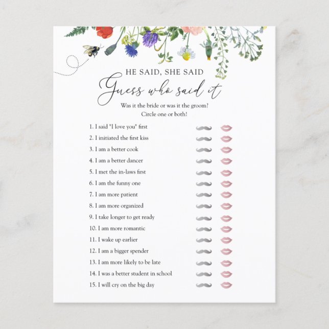 Wildflower Bee Bridal Shower Game He Said She Said (Front)