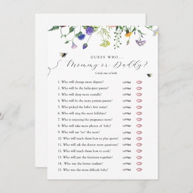 Wildflower Bee Guess Who Baby Shower Game Card (Front/Back)