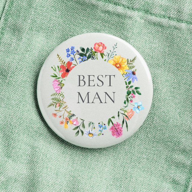 Wildflower Best Man Wedding  3 Cm Round Badge (Best Man Wildflower Watercolor Floral Wreath Wedding Button
)