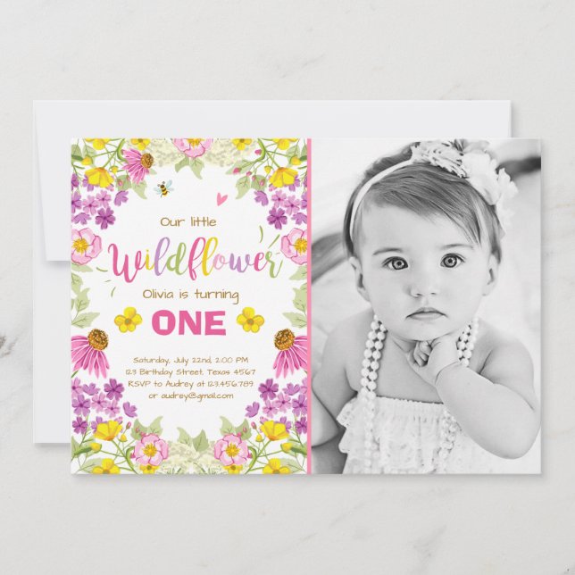 Wildflower birthday invitation Floral Girl pink (Front)