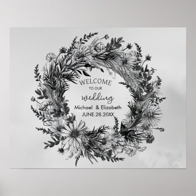 Wildflower black and white Wedding Welcome Sign    (Front)