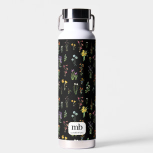 Wildflower Black Botanical Floral Water Bottle
