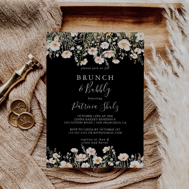 Wildflower Black Brunch and Bubbly Bridal Shower Invitation (Creator Uploaded)