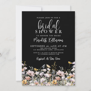 Wildflower Black Floral Bridal Shower Invitation