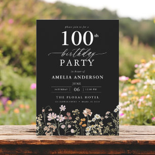 Wildflower Black Garden Floral 100th Birthday Invitation