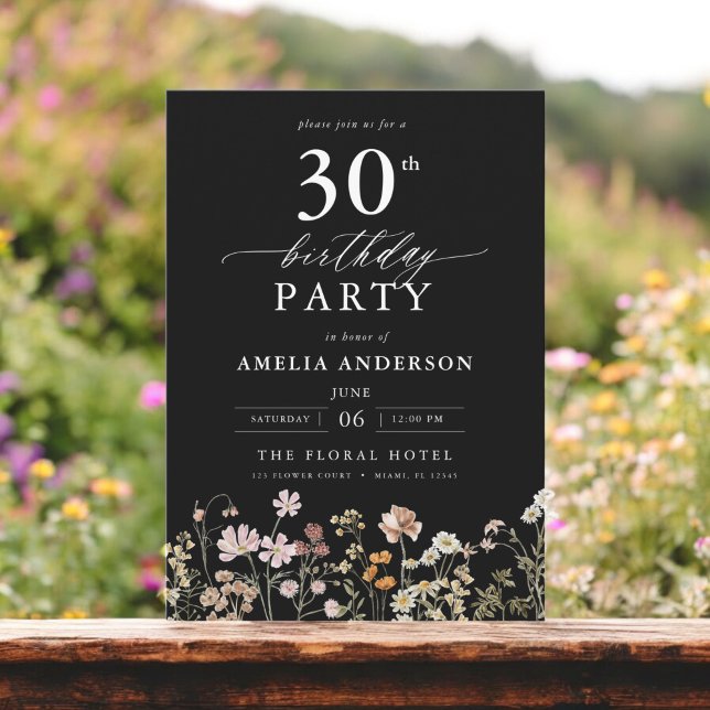 Wildflower Black Garden Floral 30th Birthday Invitation (Creator Uploaded)