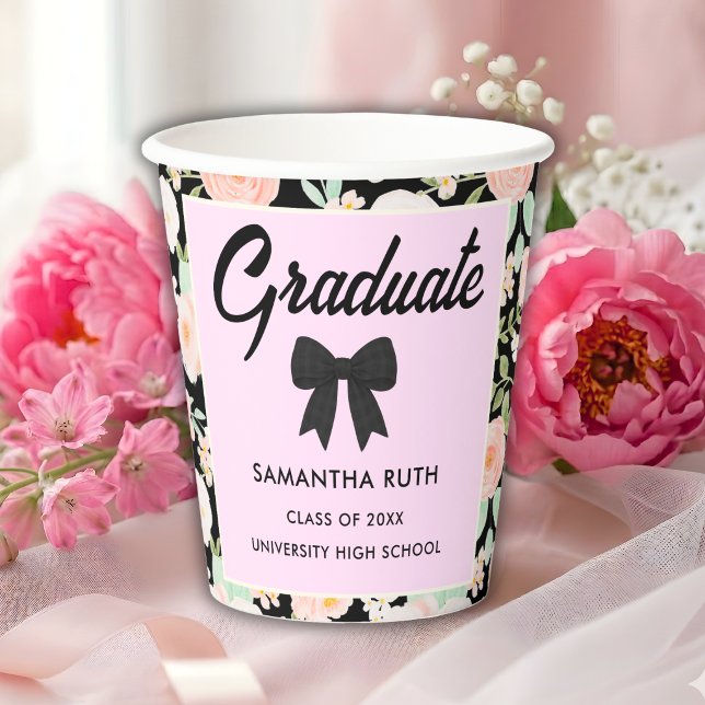 Wildflower Black Gingham Bow Graduation Party Paper Cups (Creator Uploaded)
