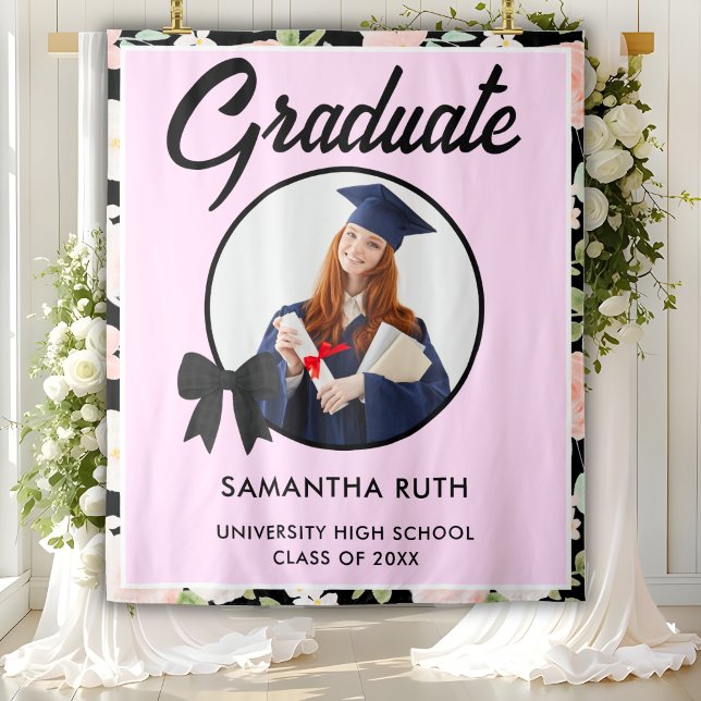 Wildflower Black Gingham Bow Photo Grad Backdrop Tapestry (Creator Uploaded)