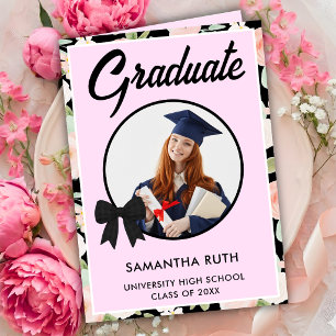 Wildflower Black Gingham Bow Photo Graduation Card