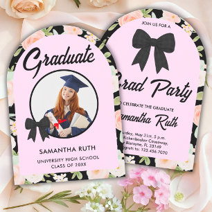 Wildflower Black Gingham Bow Photo Graduation Invitation