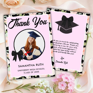 Wildflower Black Gingham Bow Photo Graduation Thank You Card