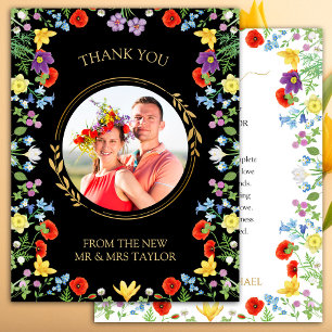 Wildflower Black Photo Wedding Thank You Card