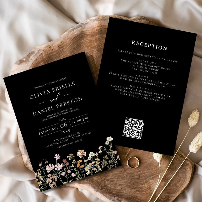 Wildflower Black White All in One QR Code Wedding Invitation (Creator Uploaded)