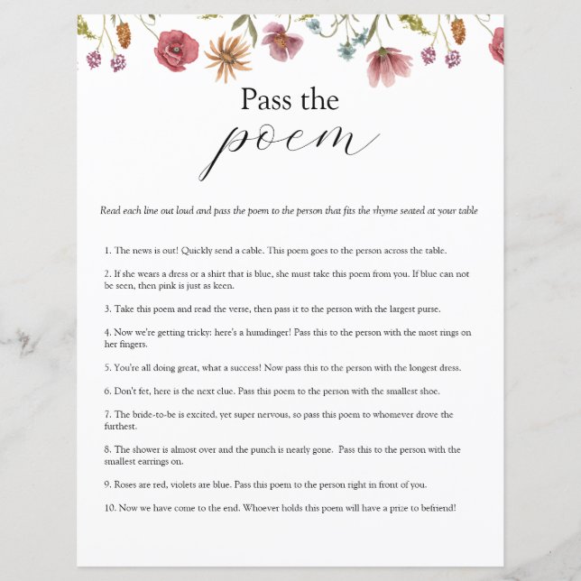 Wildflower Bloom Pass the Poem Bridal Shower game (Front)