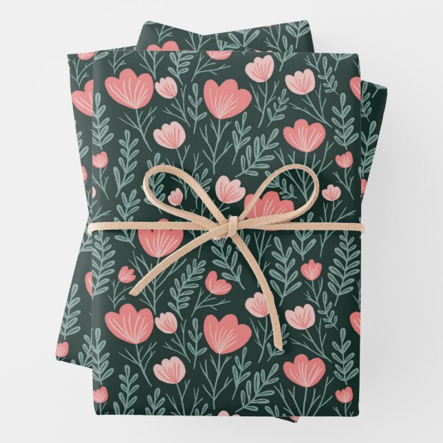 Wildflower Blooms Simple Pink Green Sweet Chic  Wrapping Paper Sheet (In situ)