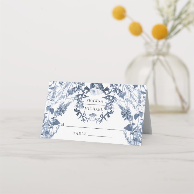 Wildflower Blue and White Floral Wedding Reception Place Card (Front)