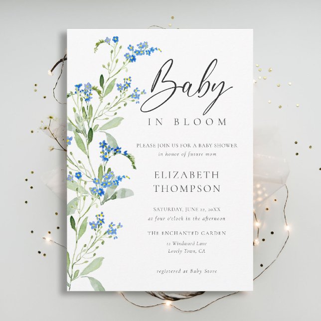 Wildflower Blue Bloom Floral Elegant Baby Shower Invitation (wildflowers baby shower invitation blue in bloom watercolor arch elegant garden rustic chic boho)
