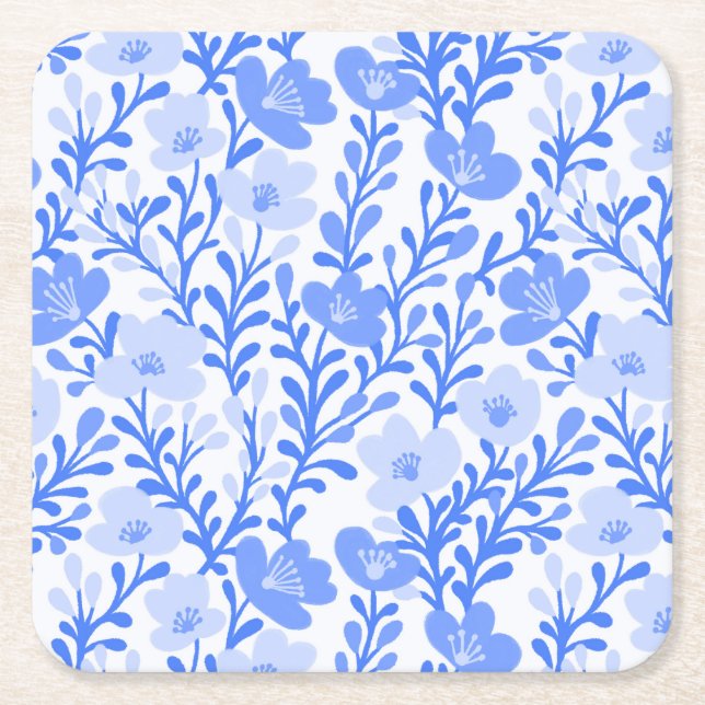 Wildflower Blue Blooms Floral Baby Shower Custom Square Paper Coaster (Front)