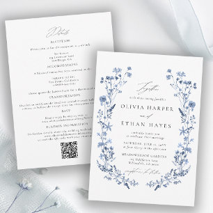Wildflower Blue Floral Garden QR Code Wedding Invitation