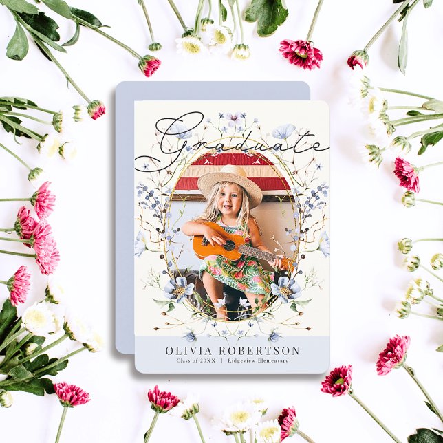 Wildflower Blue Floral Girl Photo Graduation Invitation (Creator Uploaded)