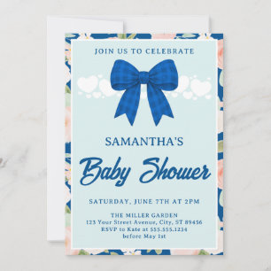 Wildflower Blue Gingham Bow Boy Baby Shower Invitation