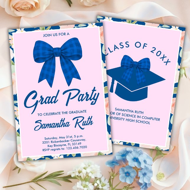 Wildflower Blue Gingham Bow Graduation Party Invitation (Creator Uploaded)
