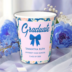 Wildflower Blue Gingham Bow Graduation Party Paper Cups