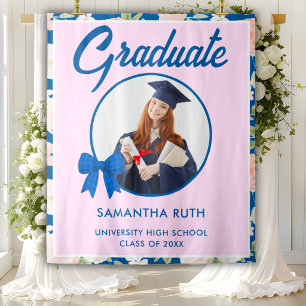 Wildflower Blue Gingham Bow Photo Grad Backdrop Tapestry