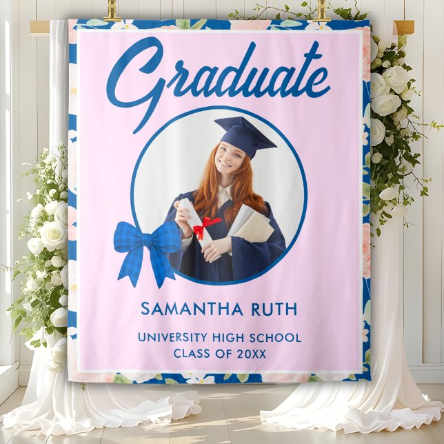 Wildflower Blue Gingham Bow Photo Grad Backdrop Tapestry (Creator Uploaded)