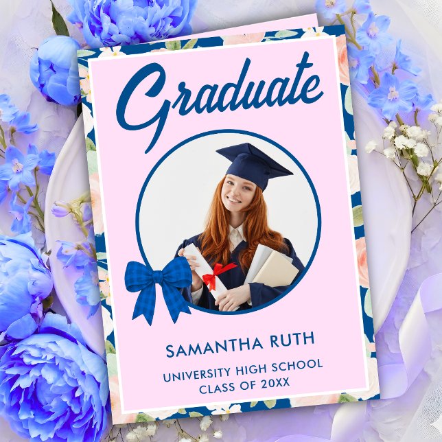 Wildflower Blue Gingham Bow Photo Graduation  Card (Creator Uploaded)